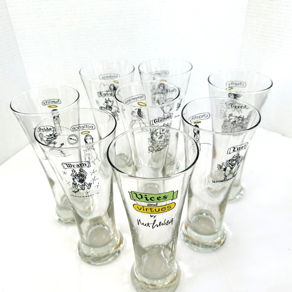 8X Vices & Virtues MCM Beer Glasses - Mort Gerberg Saints & Sinners Home Bar